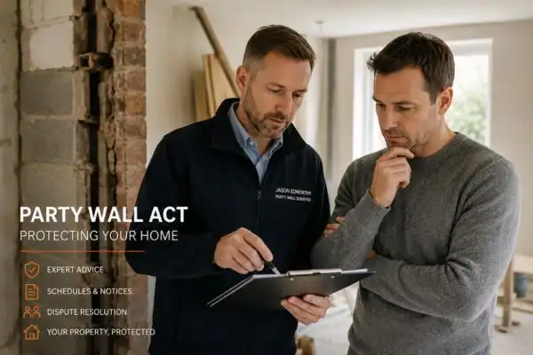 Party wall surveyor Cambridgeshire discussing extension plans with homeowner outside a UK semi-detached house.
